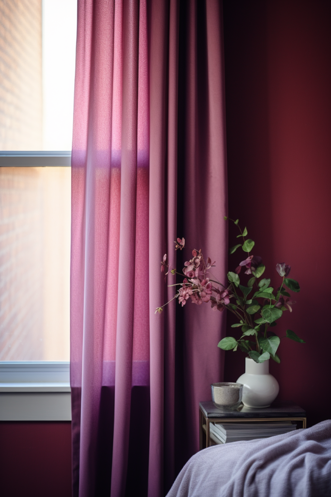 A bedroom with purple curtains and a vase in front of a window, where the colors harmonize.