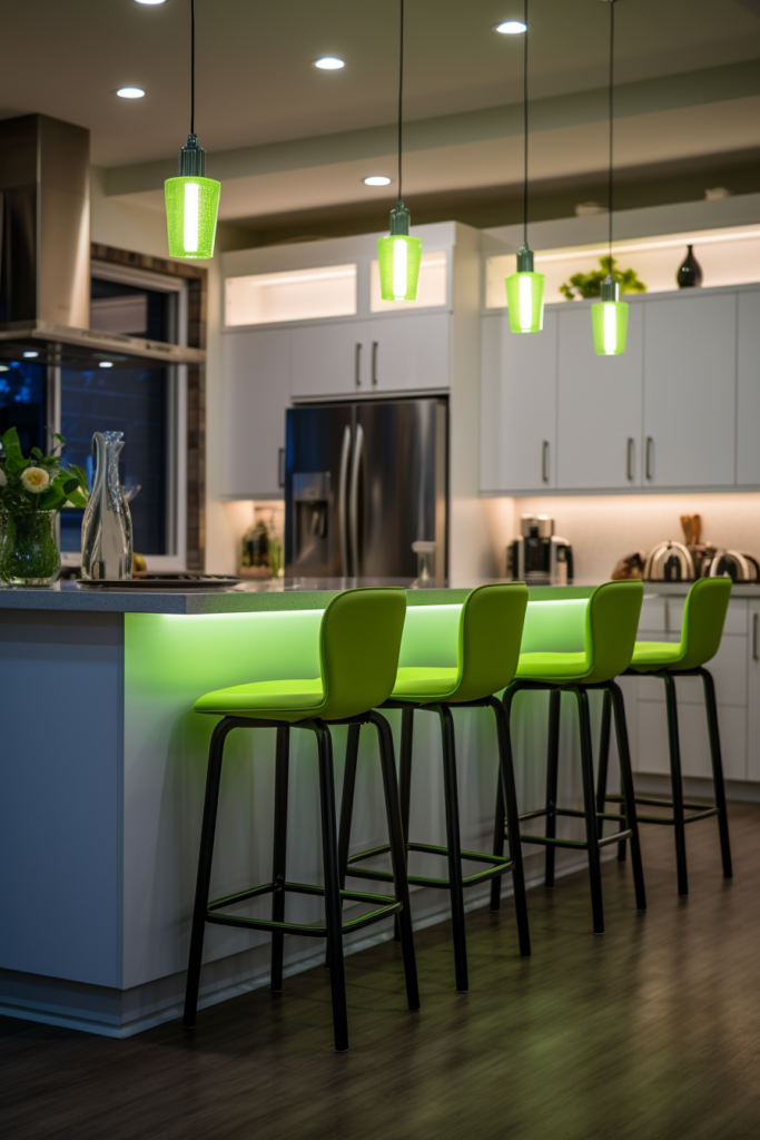 A white kitchen with harmonizing green stools.