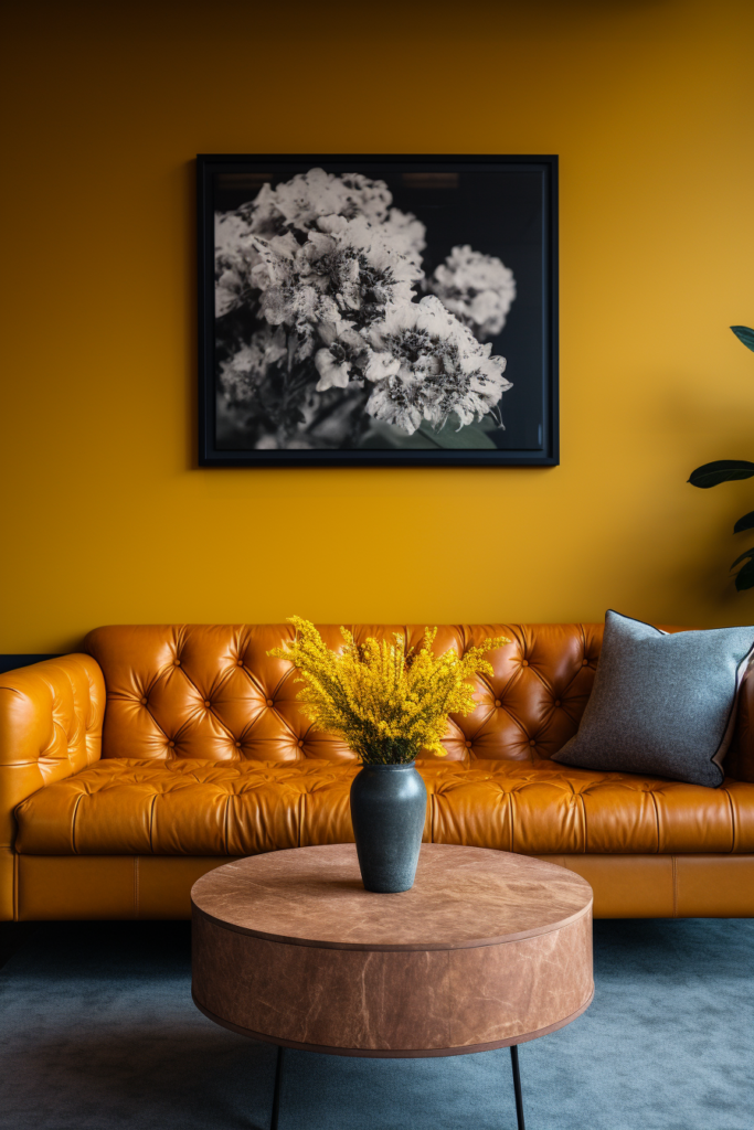 A living room with triadic colors harmonize, featuring orange walls and a brown leather sofa.