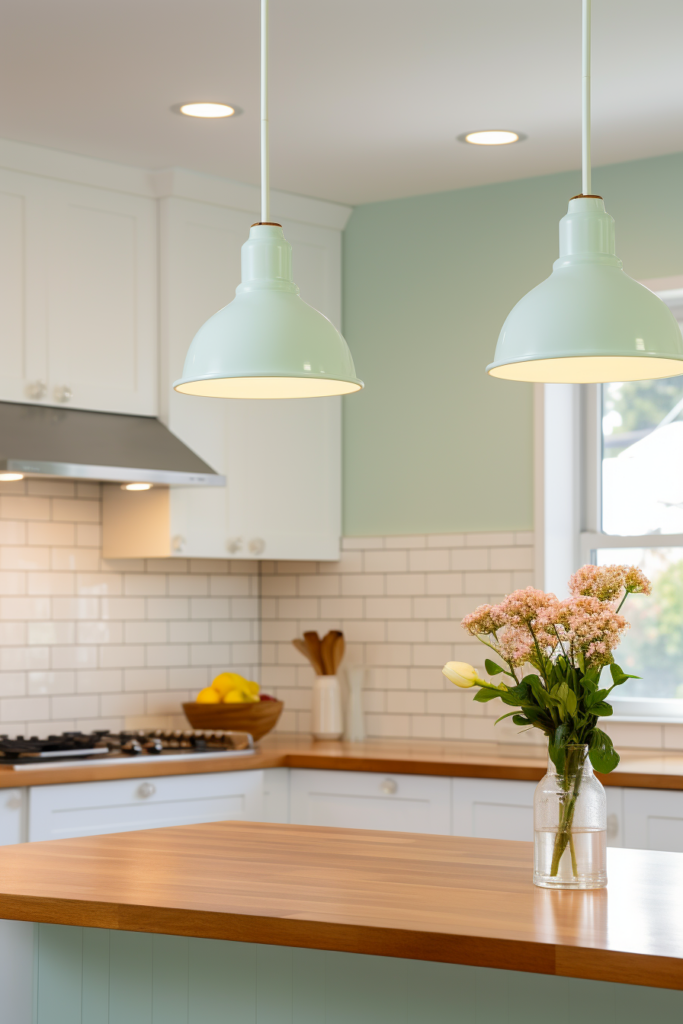 A kitchen with white cabinets and green counter tops that harmonize with a triadic color scheme using three colors.