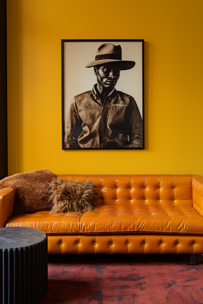A harmonized room with an orange leather couch and a framed picture of a man in a cowboy hat.