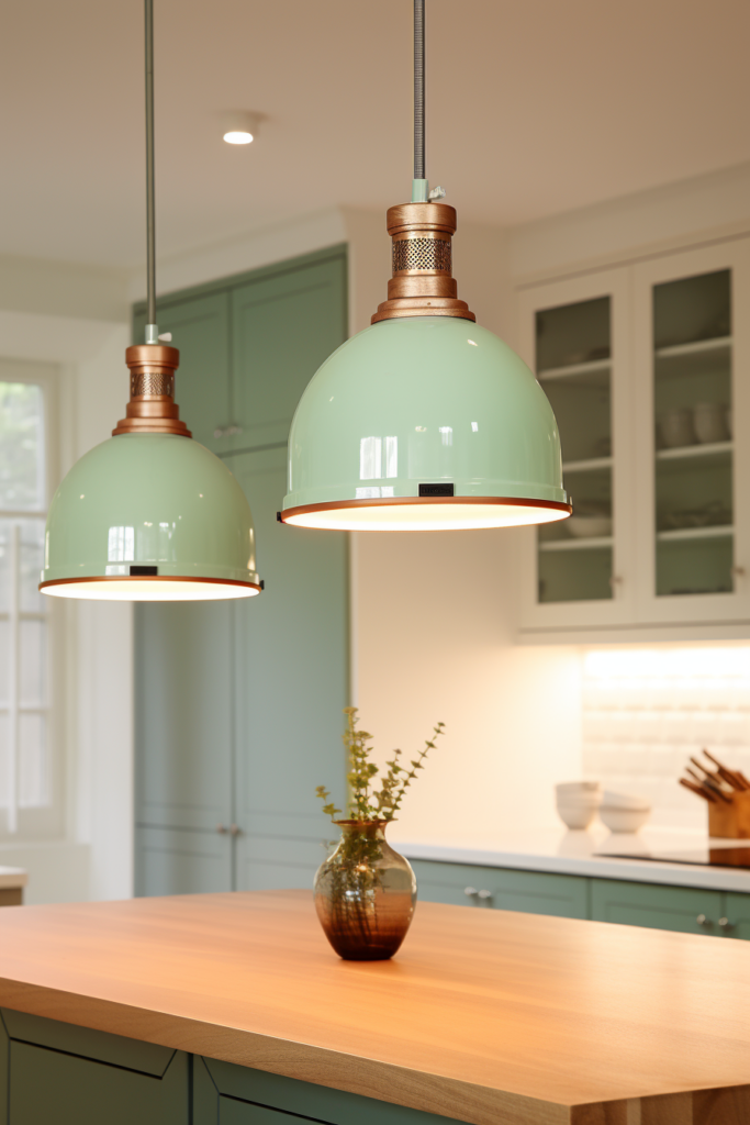 A kitchen with harmoniously coordinated green cabinets and pendant lights in a triadic color scheme.