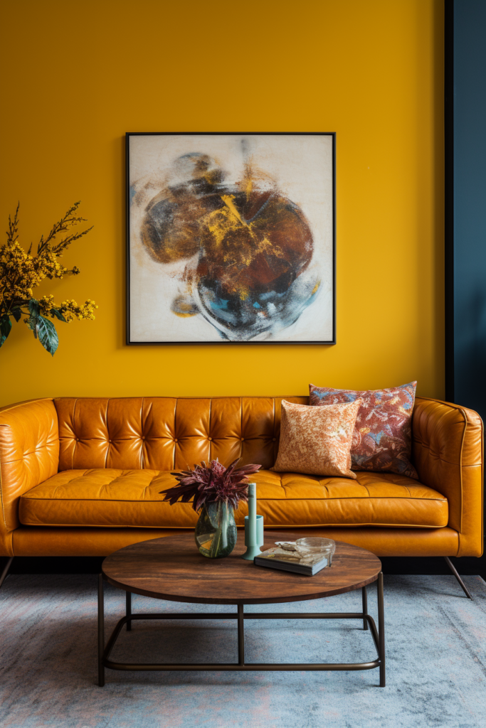 A living room with yellow walls and a harmonizing yellow leather sofa.