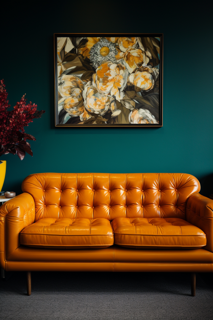 An orange leather couch in a room with harmonious green walls that follows triadic color schemes.