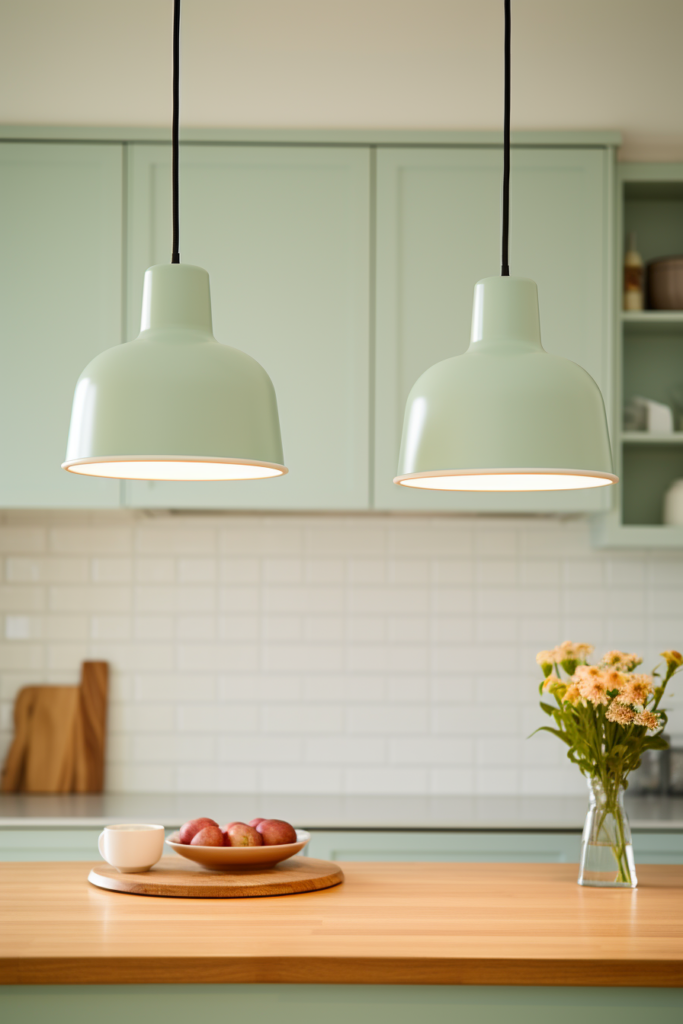 Two triadic pendant lights harmonize with the colors in a kitchen, hanging over a table.