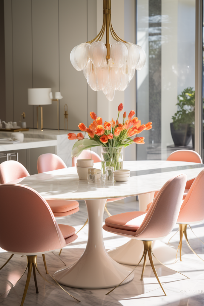 A dining room with pink chairs and a chandelier, harmonizing three colors that go together.