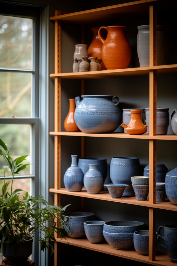 A shelf full of blue and orange pottery elegantly displayed in a room with a window.