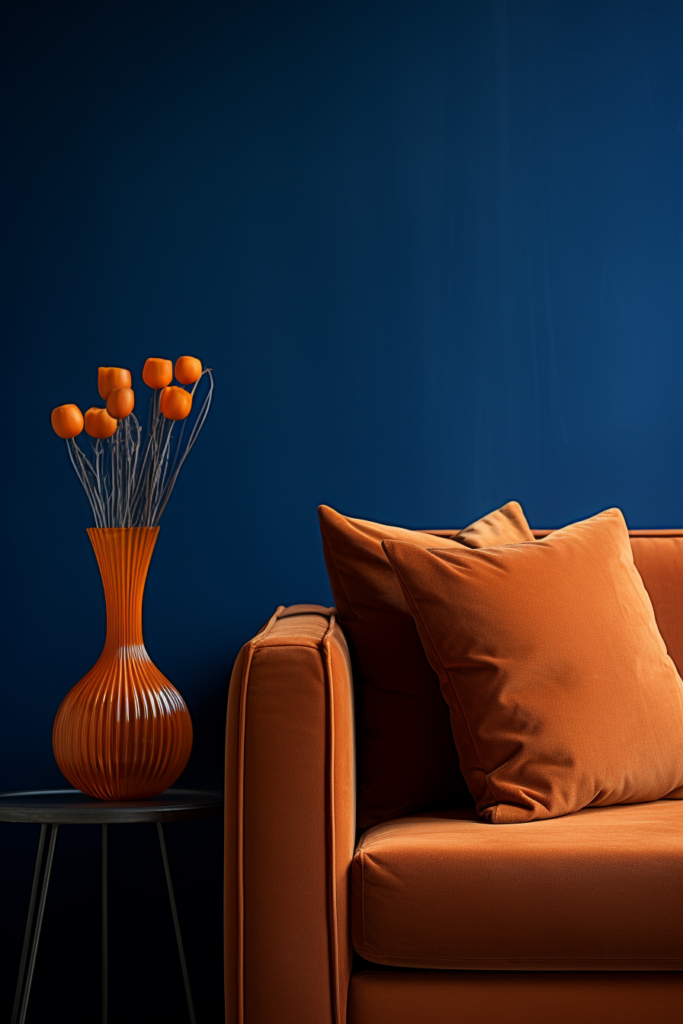 A triadic color scheme beautifully harmonizes the vibrant orange couch against the vivid blue wall.