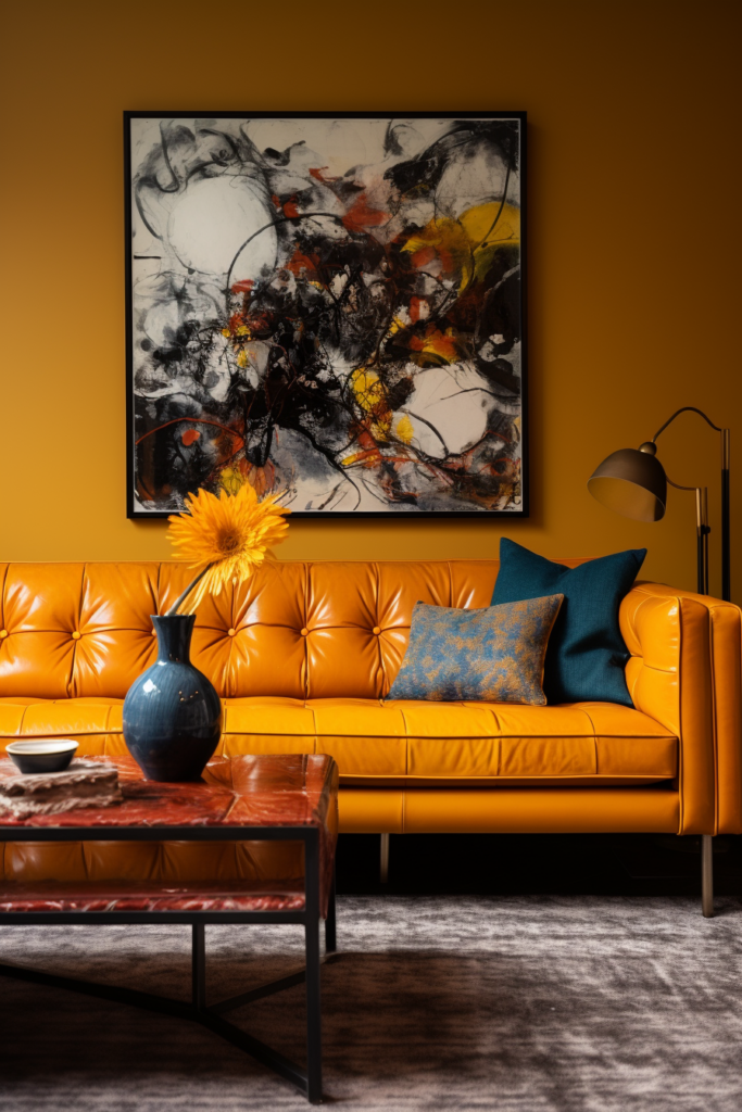 An orange couch adds a vibrant pop of color to the living room and harmonizes perfectly with the triadic color schemes.