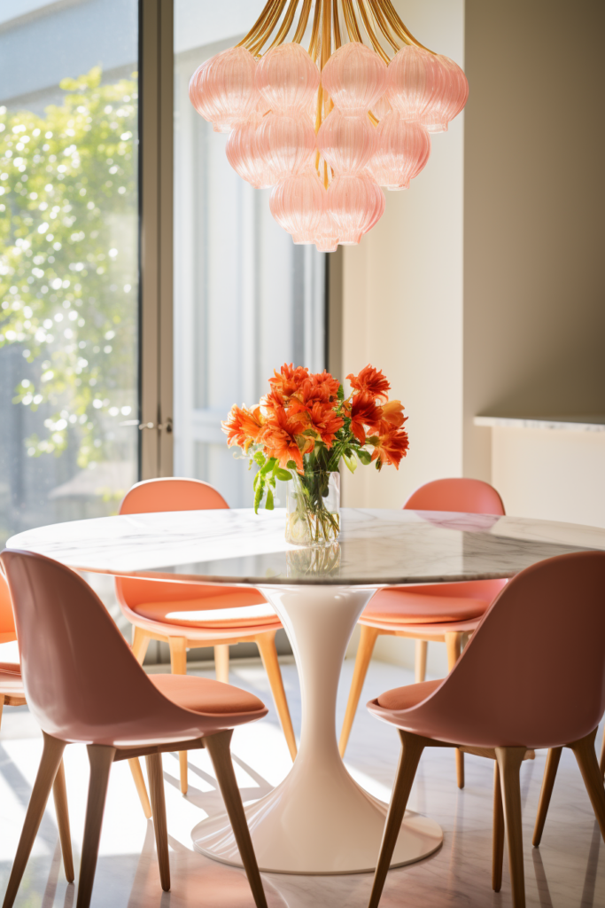 A dining room with a white table and chairs decorated in a triadic color scheme, harmonizing three colors.