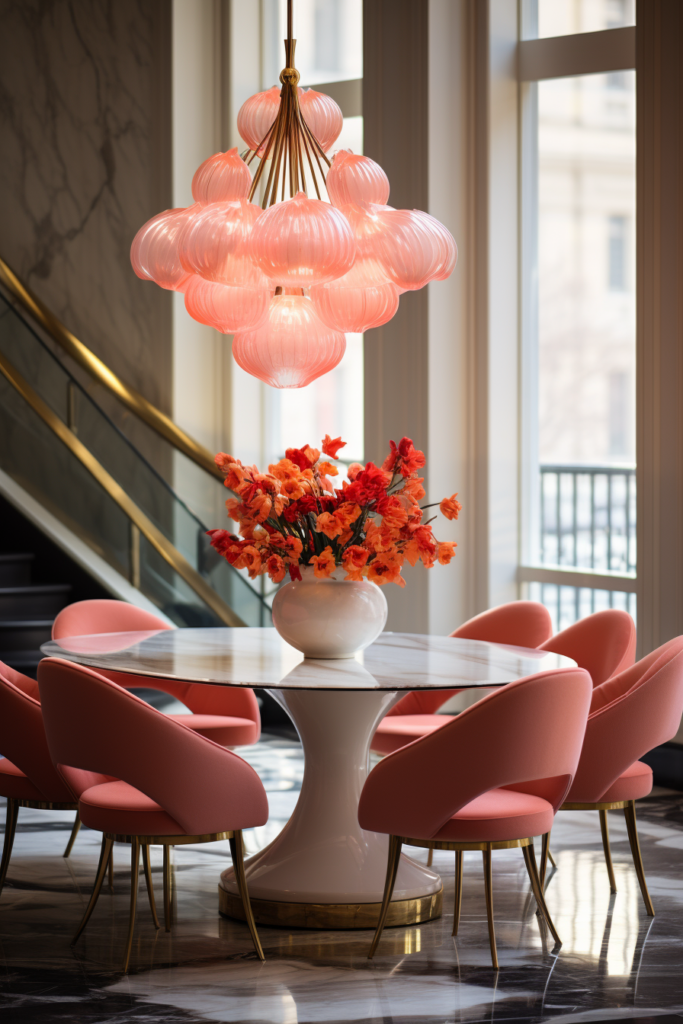 A dining room with a triadic color scheme where pink chairs harmonize with a chandelier.