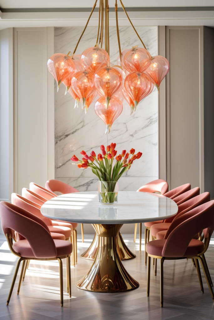 A dining room with harmonized colors features pink chairs and a chandelier.