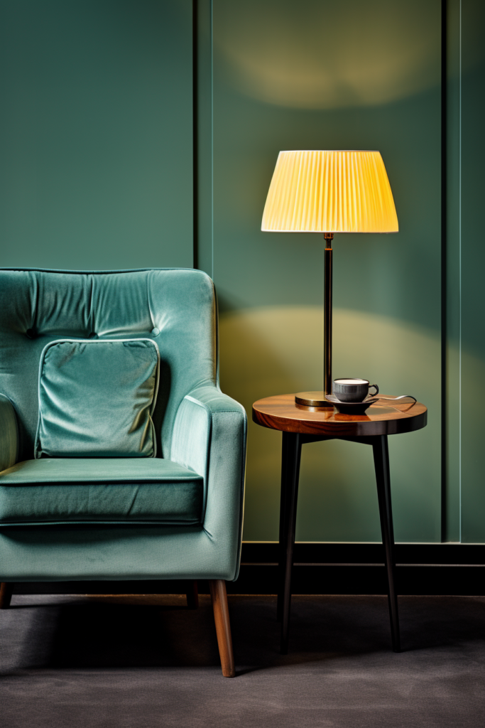 A blue chair harmonizes with a lamp in a room decorated with a triadic color scheme, featuring three colors.