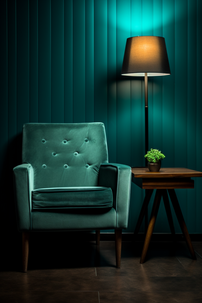 A chair in front of a lamp in a triadic color scheme room.
