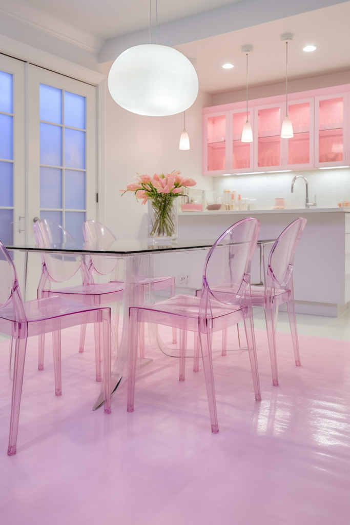 A pink dining room with a triadic color scheme, harmonizing three colors.