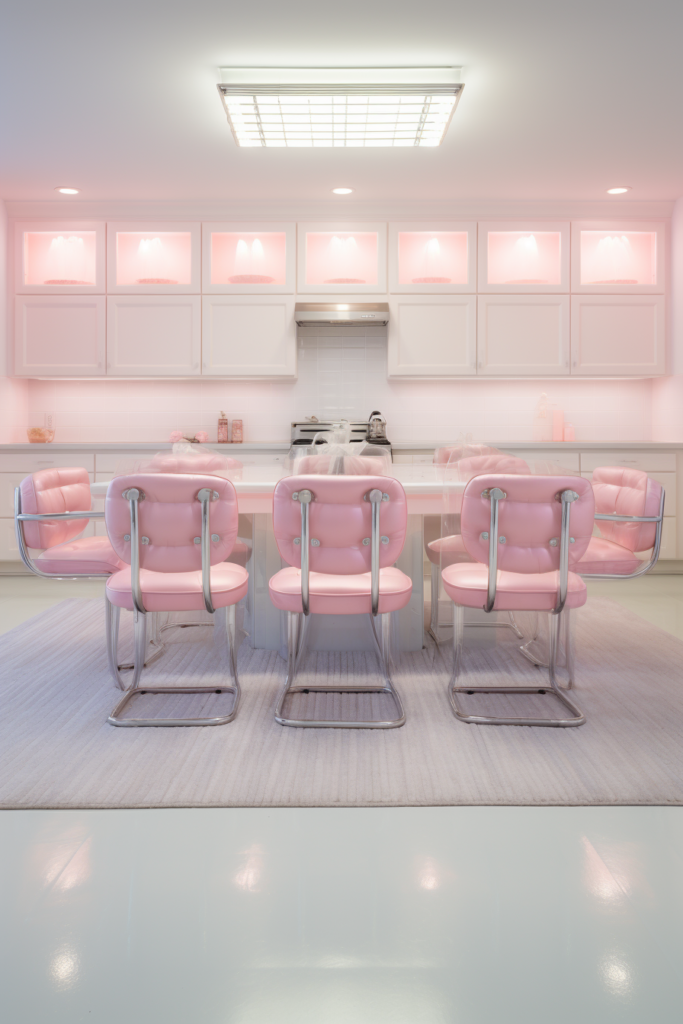 A dining room with triadic colors that harmonize with pink chairs.