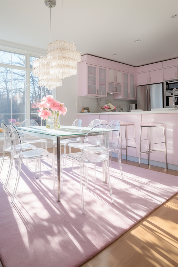 A pink kitchen with a glass table and triadic colors that harmonize with the surroundings.
