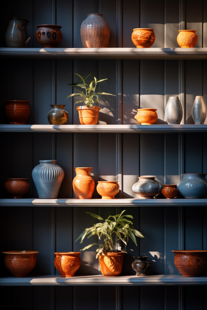 A colorful shelf adorned with an assortment of pots and vases that go together.