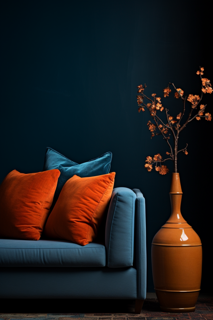 A blue couch with orange pillows and a vase, showcasing harmonious colors in a triadic color scheme.