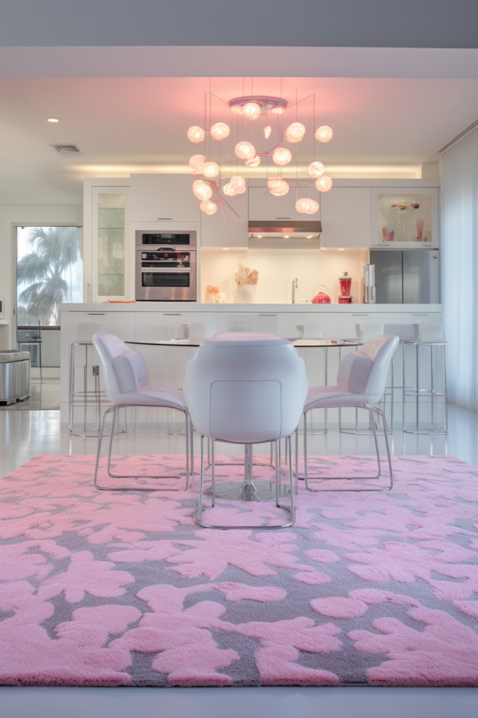 A dining room with a pink rug and white furniture that go together beautifully in a triadic color scheme.