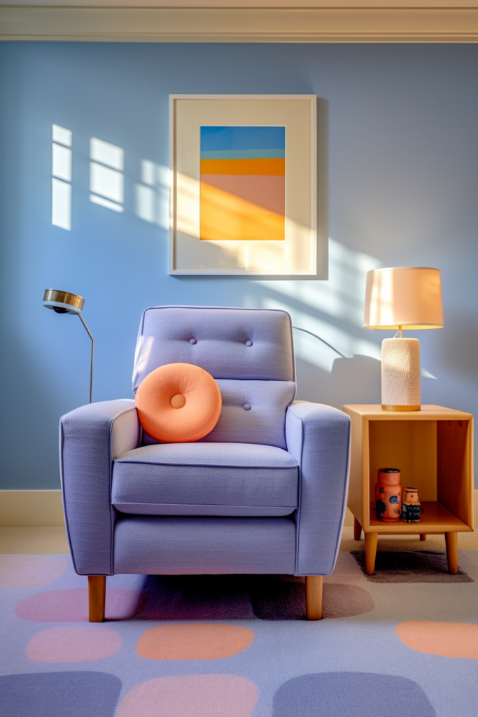 A chair and a lamp in a room that complement each other with three colors.
