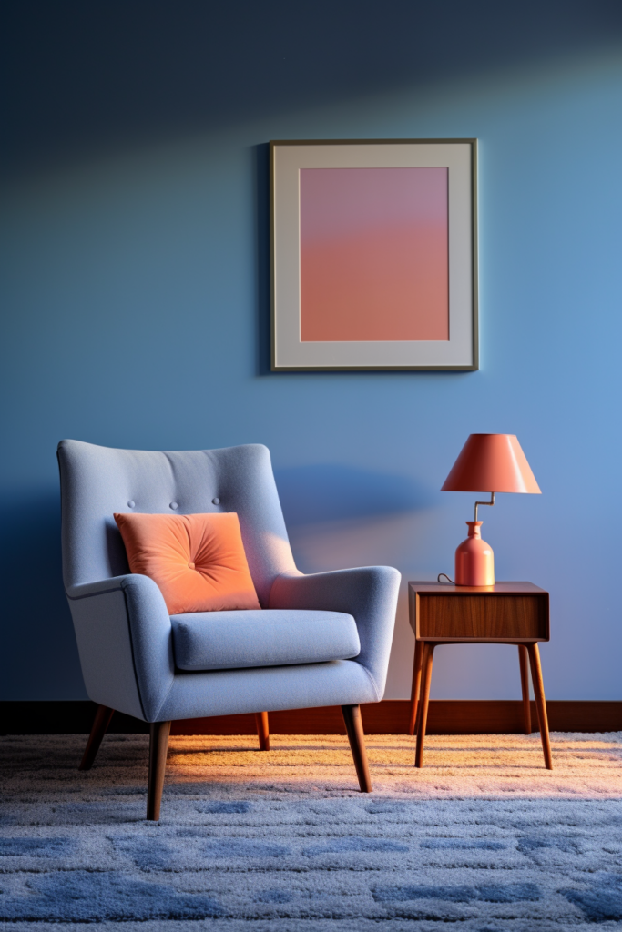 A chair and a lamp in a room with blue walls. The chair and the lamp go together perfectly, complementing the three colors present in the room.