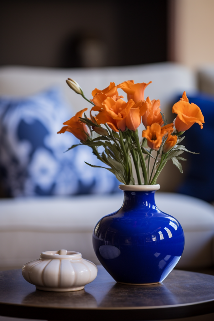 A blue vase with orange flowers, these two colors go together.