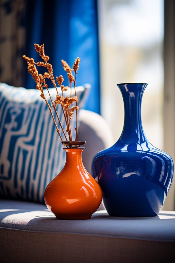 Two blue and orange vases, whose colors go together, sitting on a couch.