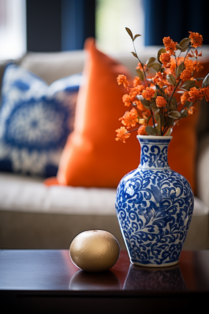 A blue and white vase on a table, showcasing three colors that go together.