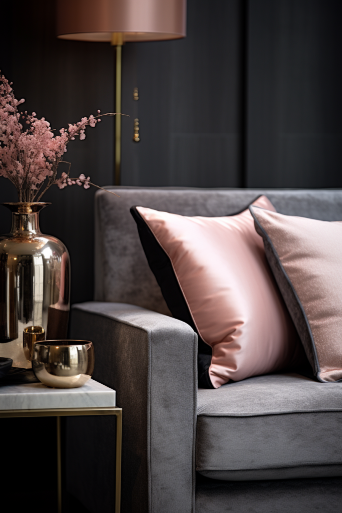 A grey couch with pink pillows and a gold vase that harmonize using a triadic color scheme of three colors.