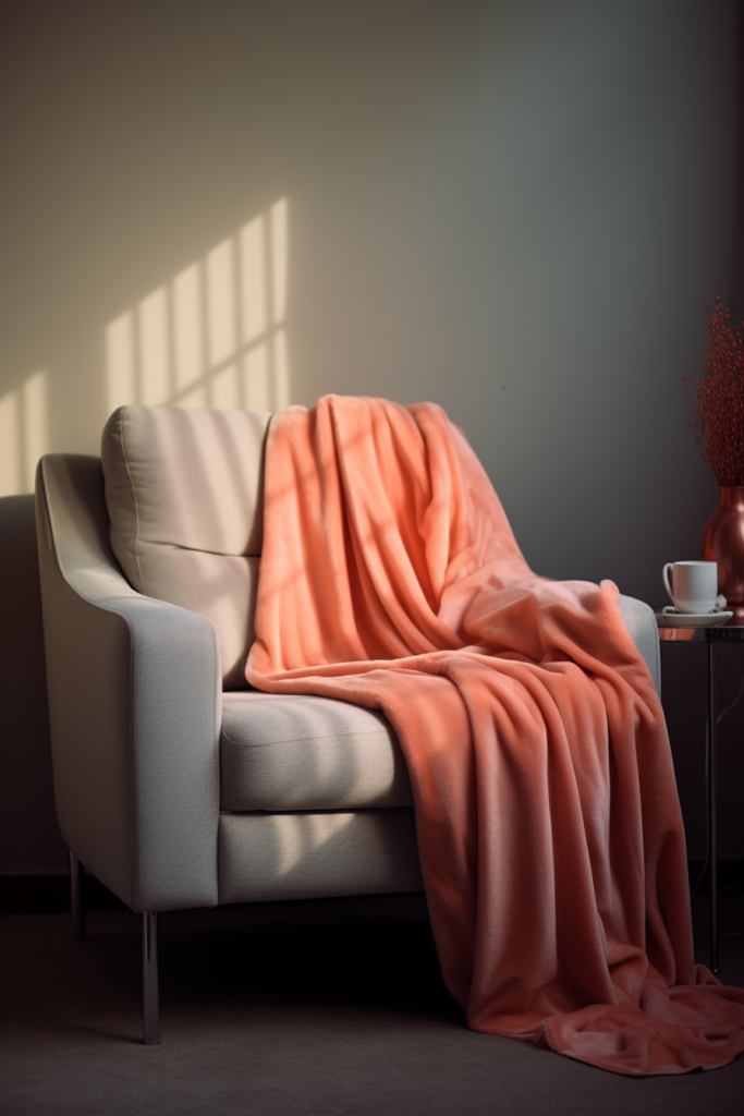 A chair adorned with a cozy blanket that harmonizes three colors in a triadic color scheme.