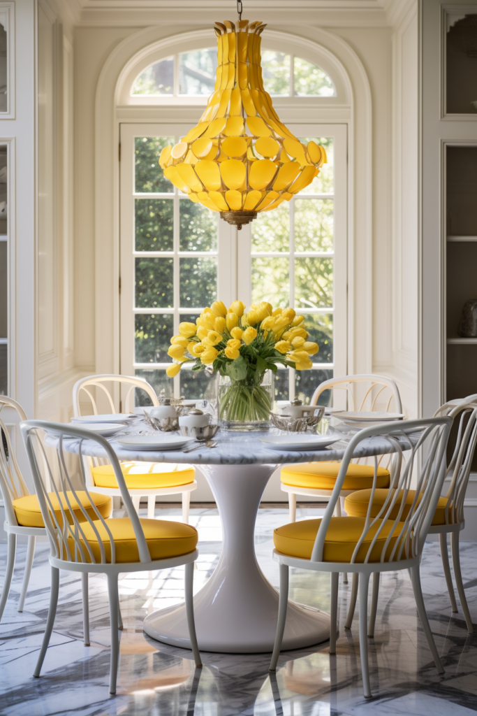 A dining room with yellow chairs and a chandelier that harmonizes colors using a triadic color scheme.