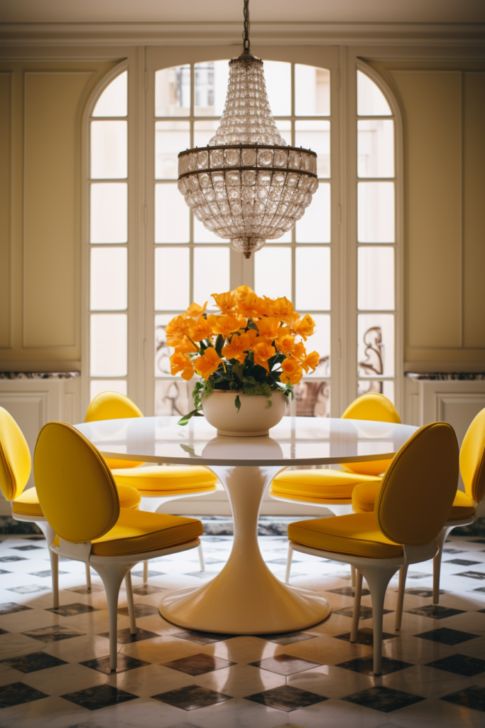 A vibrant dining room featuring a harmonized triadic color scheme of yellow chairs and a chandelier.