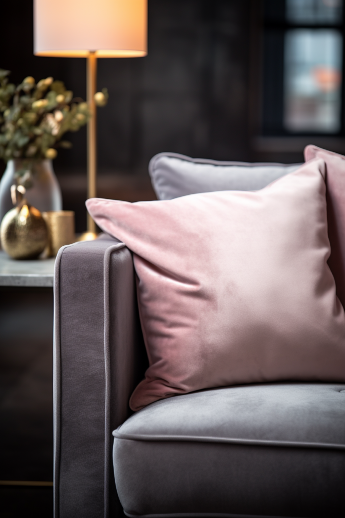 A harmoniously designed grey couch adorned with triadic colors, showcased by the addition of pink pillows and a stylish lamp.