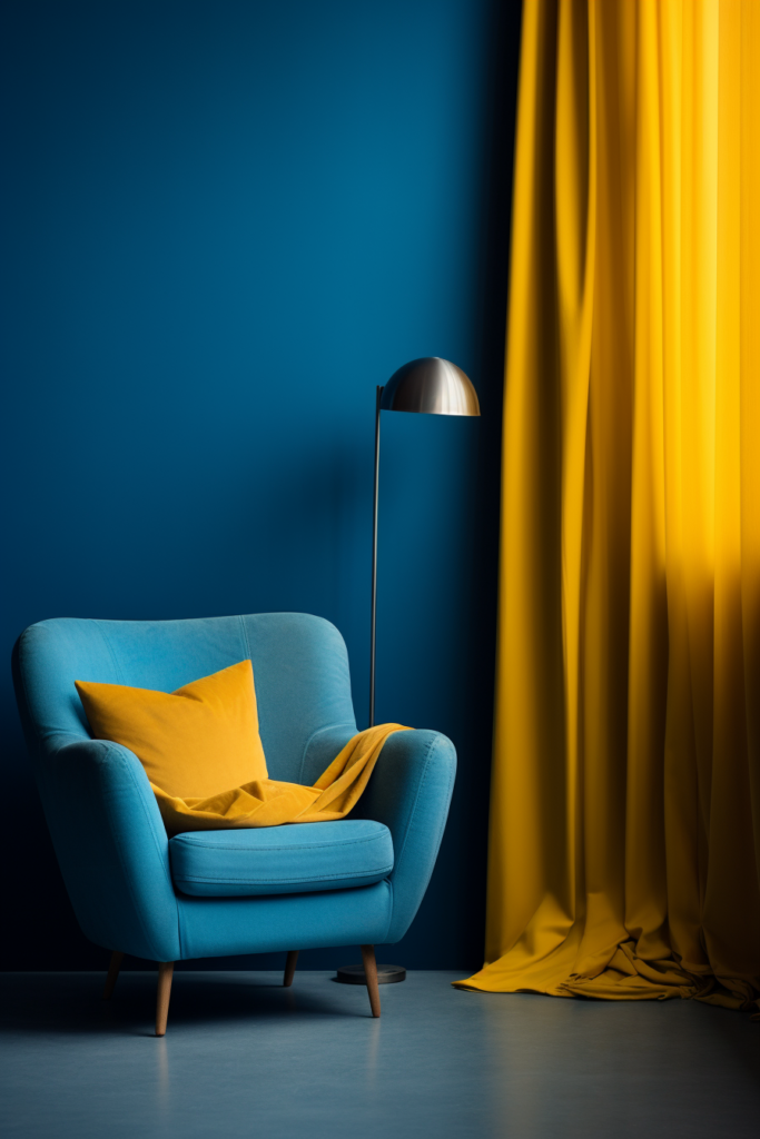 A chair in front of a triadic-colored wall with harmonizing yellow curtains.