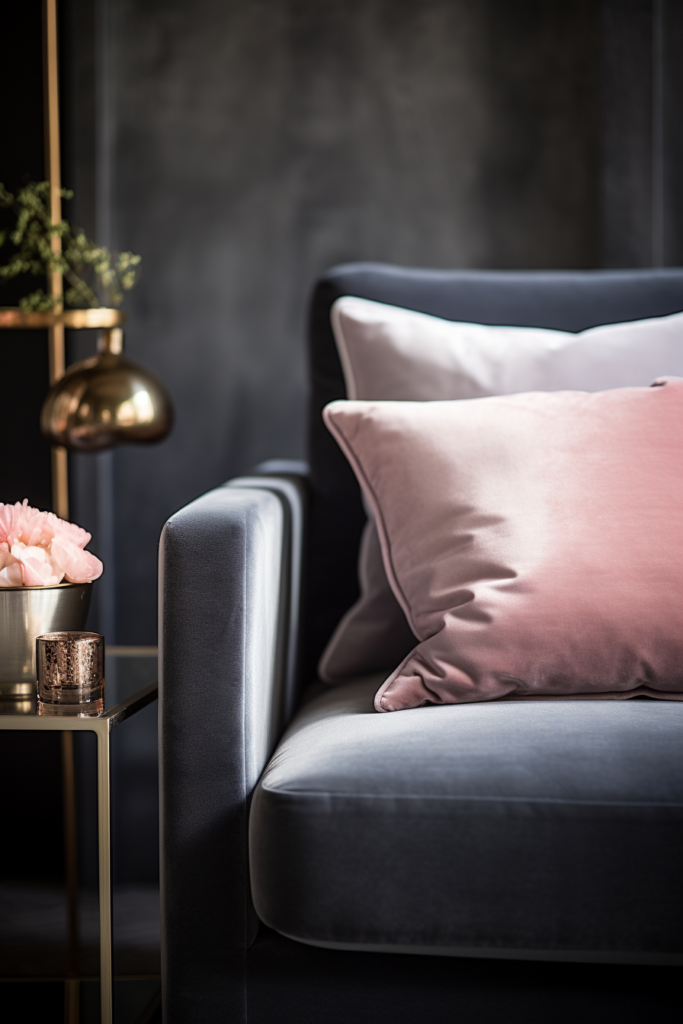 A grey sofa adorned with pink pillows, harmonizing and creating a triadic color scheme with a vase of flowers.