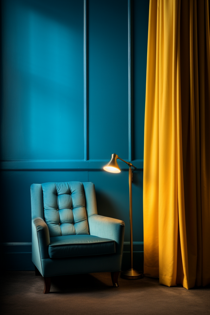 A blue chair in front of a harmonizing blue wall with a triadic yellow lamp.