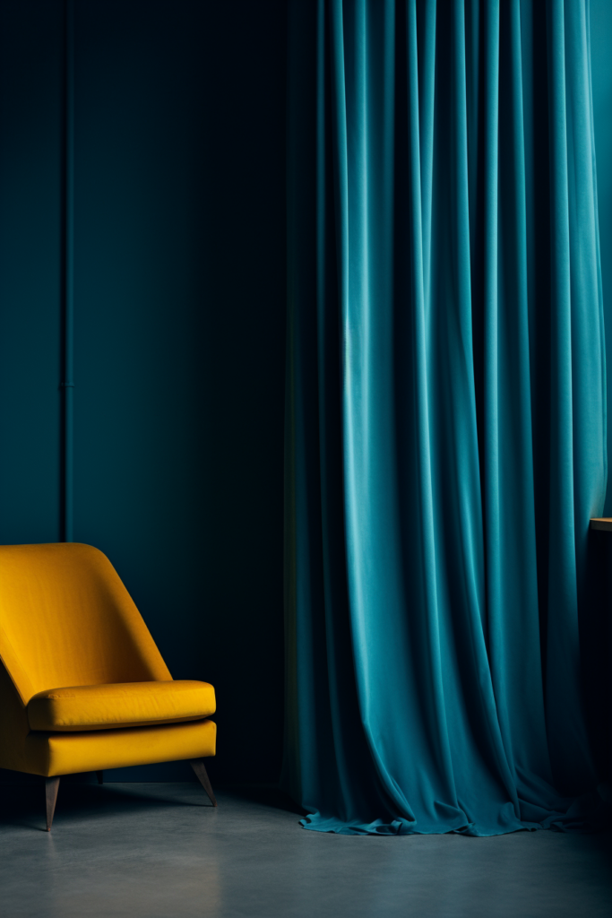 A yellow chair stands boldly against a captivating blue curtain, creating a seamless combination of triadic color schemes.