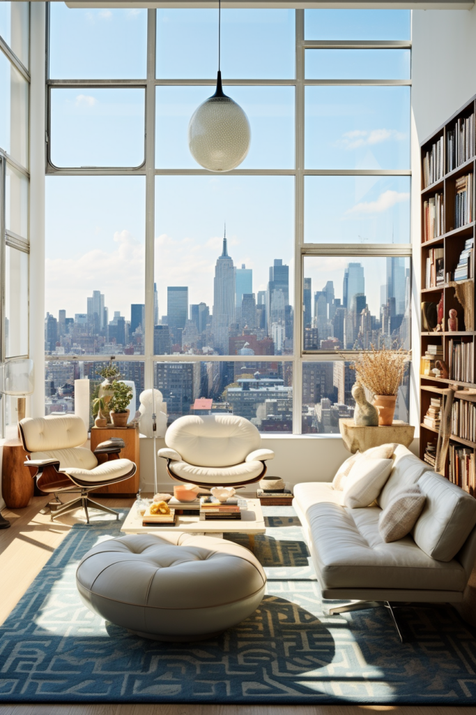 An oddly configured living room with a view of the city.