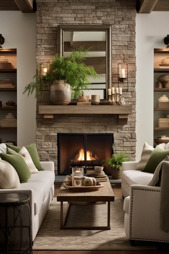 A living room with a stone fireplace and white couches designed for Traffic Flow Optimization.