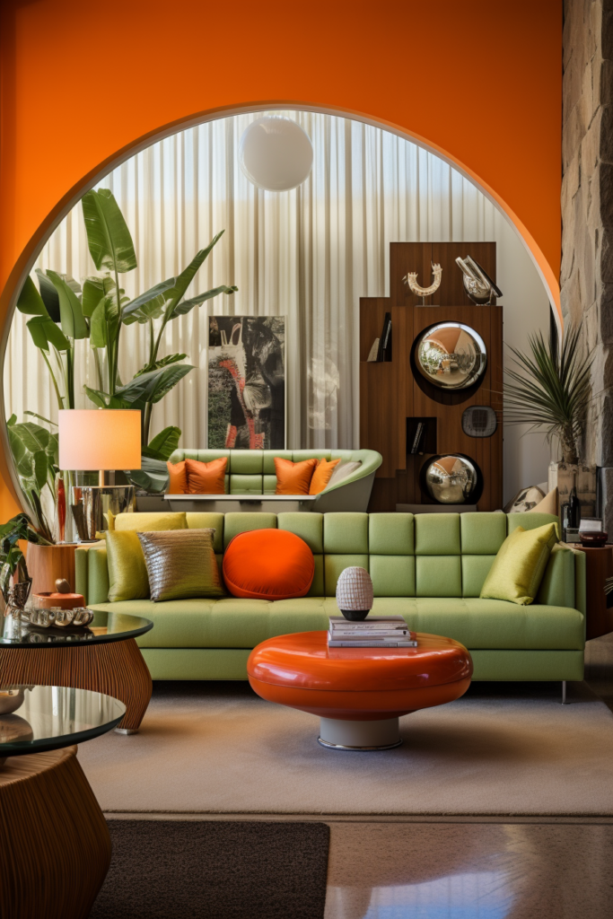 A living room with oddly configured orange and green furniture.