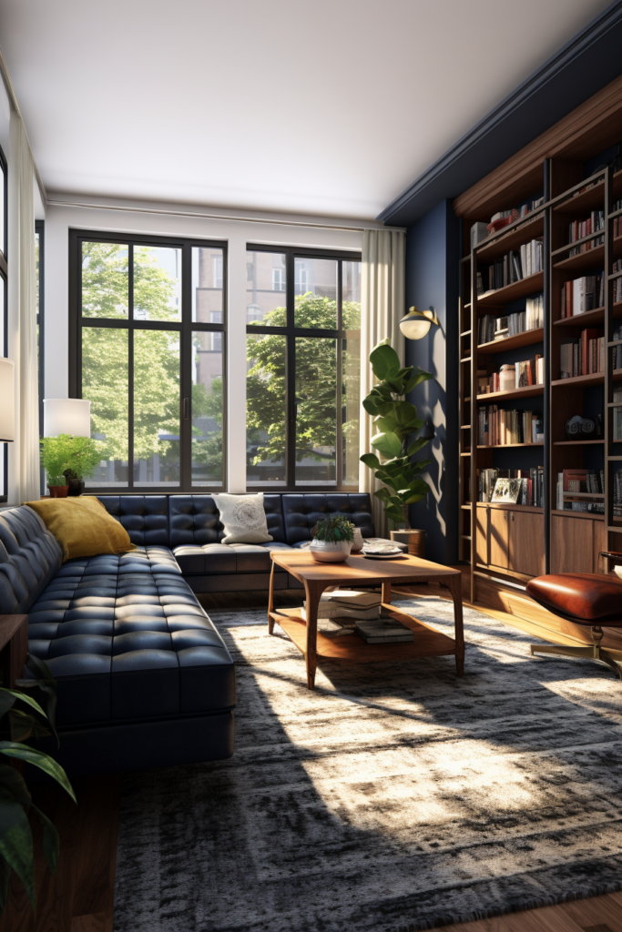 3d rendering of an oddly configured living room with bookshelves, optimized for traffic flow.