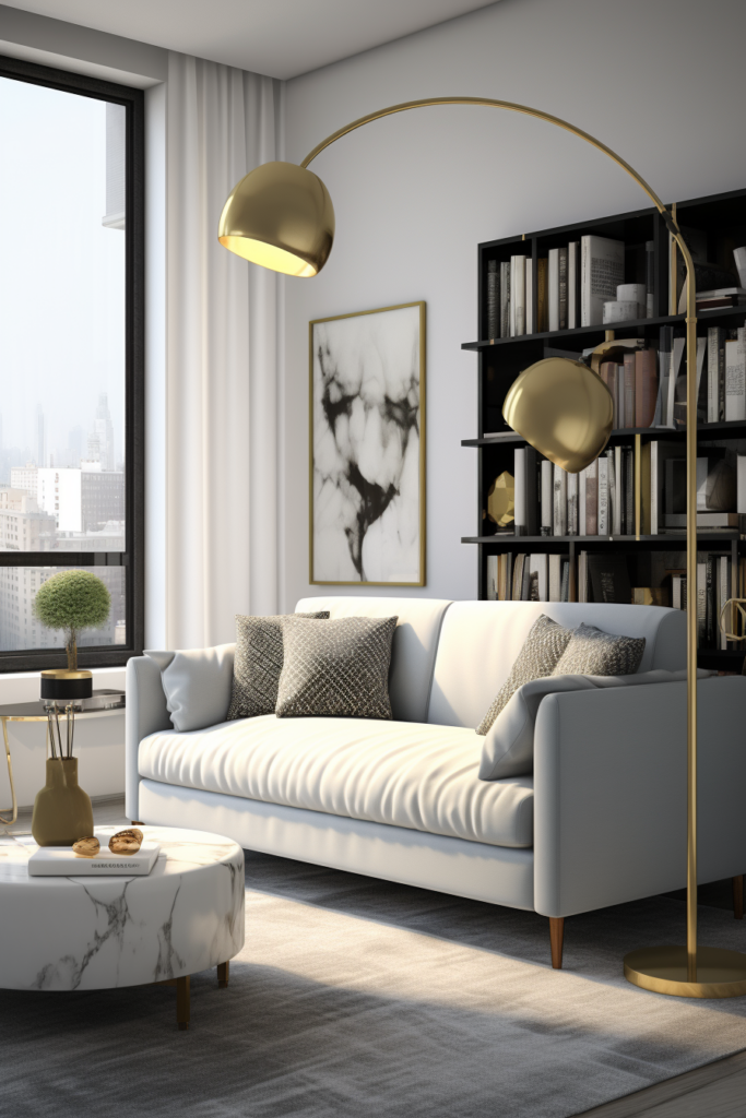 A modern living room with a uniquely configured layout, featuring a gold floor lamp.