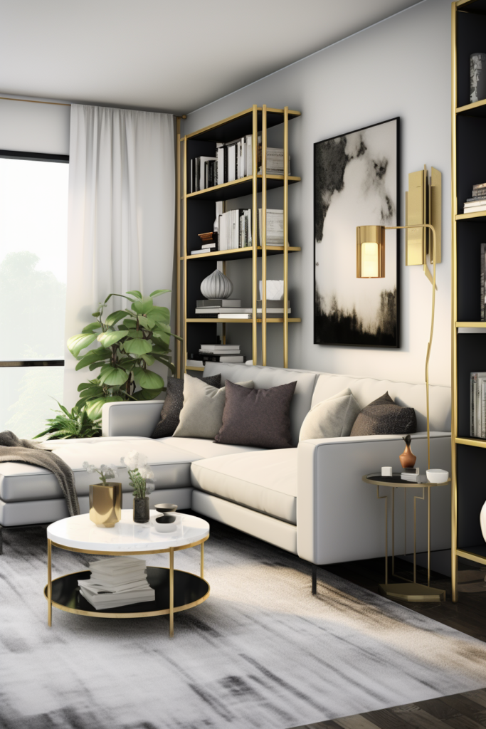 3D rendering of a modern living room with gold accents showcasing an oddly configured layout.