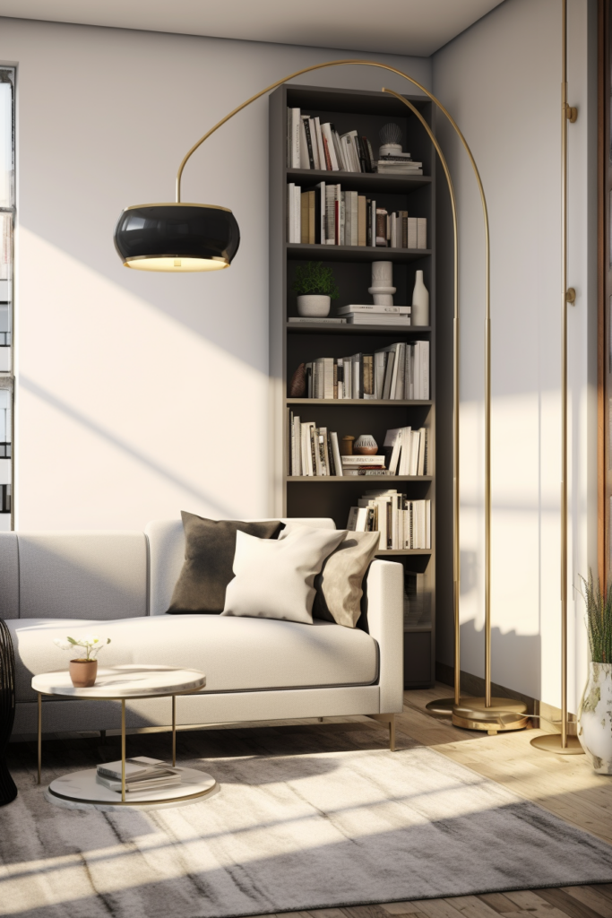 Oddly configured 3D rendering of a living room with a lamp and bookshelf.