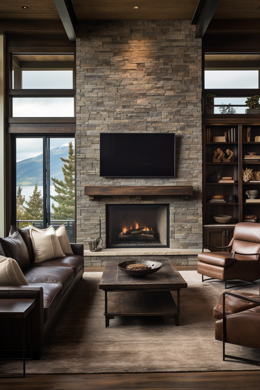 An oddly configured living room with a stone fireplace and leather furniture.
