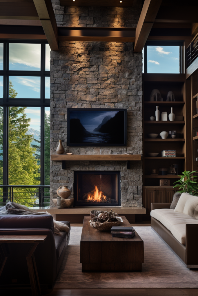 A modern living room with a stone fireplace and large windows designed for traffic flow optimization.