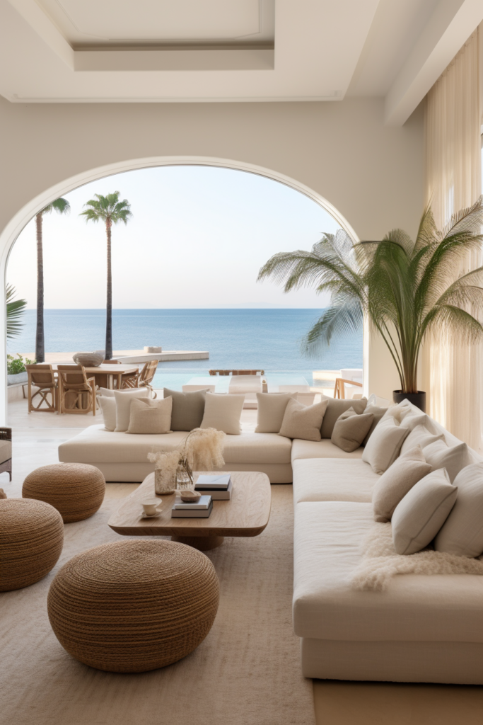 An oddly configured white living room with a view of the ocean.