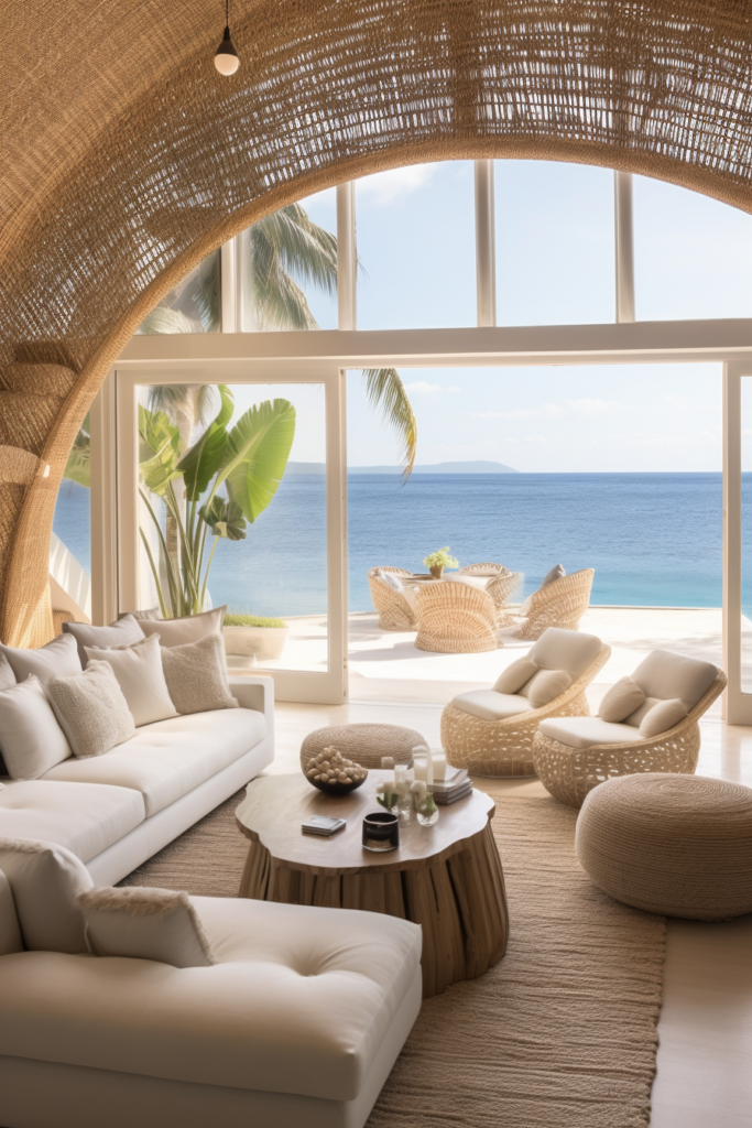 A living room with rattan furniture and a view of the ocean, featuring traffic flow optimization for an oddly configured space.