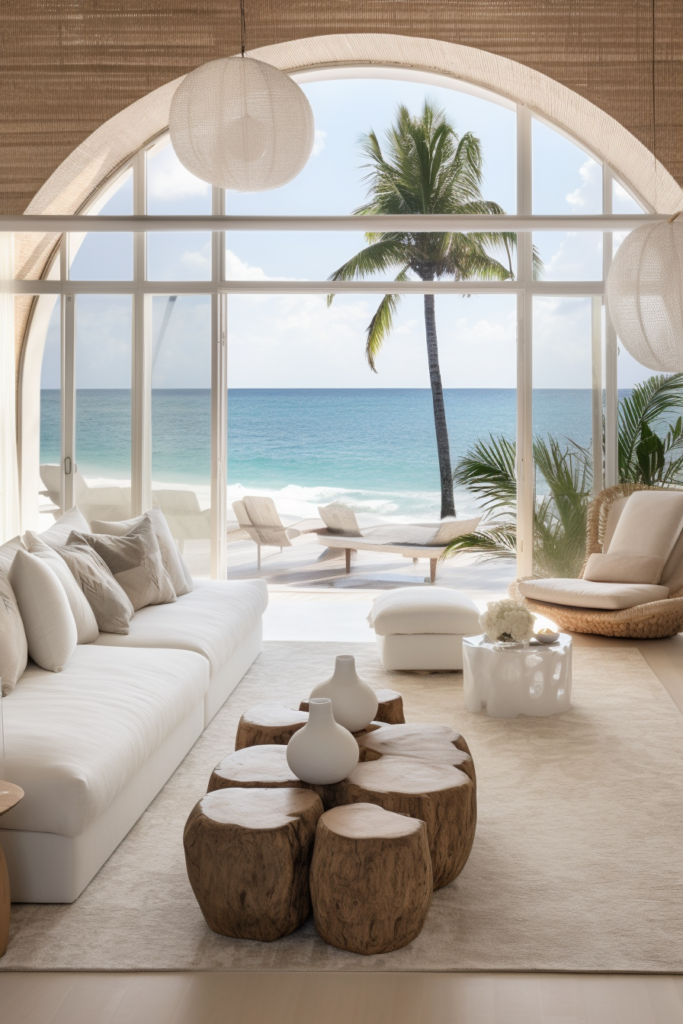 A white living room with a view of the ocean, featuring an oddly configured layout.